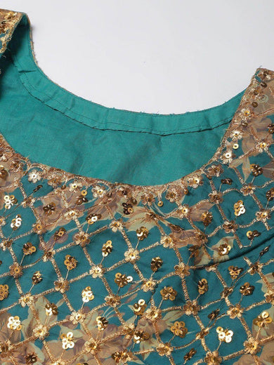 Teal & Peach-Coloured Embellished Sequinned Semi-Stitched Myntra Lehenga & Unstitched Blouse